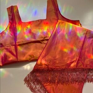 Two-Piece Shimmering Orange and Pink Beaded Hem Skirt 100% Silk Set